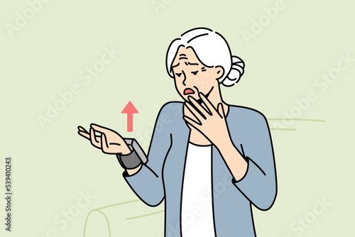 Elderly woman was upset because of increased blood pressure on monitor on her wrist. Old lady felt nervous after seeing bad health indicators on smart watch. Vector line art colored illustration.