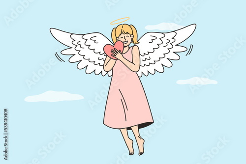 Girl soars in sky hugging heart, smiling. Joyful angel with wings, halo flies in heaven, gives people hope, love, consolation, peace, healing, care. Charity, benefaction, volunteering vector concept.
