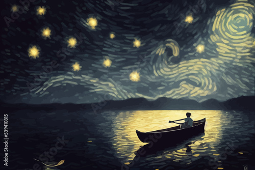 boy rowing a boat in the sea of the starry night