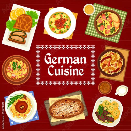 German cuisine menu cover page template. Berlin style liver, knuckle and salmon spinach pie, stew with pork sausages, sauerkraut with bacon and potato salad, vegetable soup Eintopf, Christmas Stollen