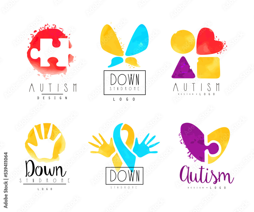 Autism and Down Syndrome Abstract Emblems with Puzzle and Bright Hand Palm Vector Set