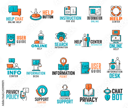 Support center, information and instruction, guide and help, privacy policy icons. User consultant or chat bot, client callcenter minimal icons, customer hotline or helpdesk thin line vector symbols