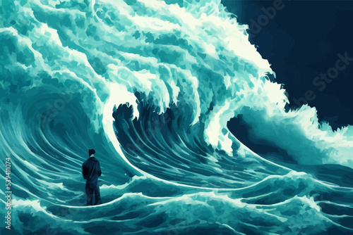 futuristic man standing in the midst of a huge wave