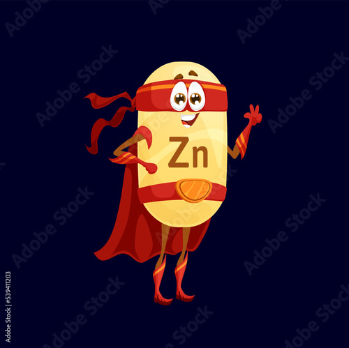 Cartoon zinc or zincum superhero character. Isolated vector funny Zn nutrient defender fairytale personage. Comic food supplement capsule, mineral, micronutrient bubble in red super hero cloak or mask