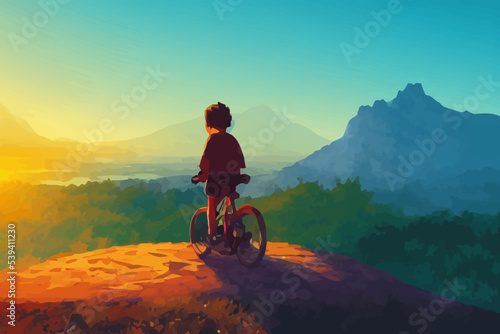 kid on bicycle on a mountain looking at the evening sunset