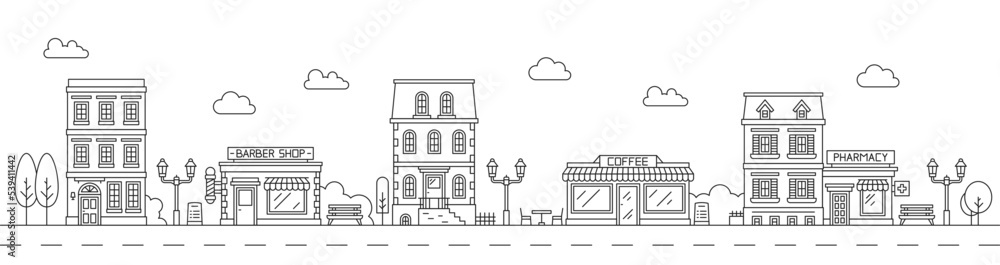 Neighborhood line art cityscape. Town city street. Downtown outline landscape or neighborhood urban architecture vector background with city shop or store, barbershop exterior, cafe facade