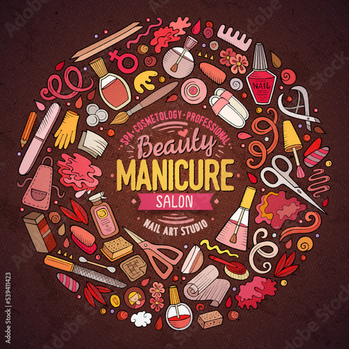 Set of Nail Salon cartoon doodle objects, symbols and items