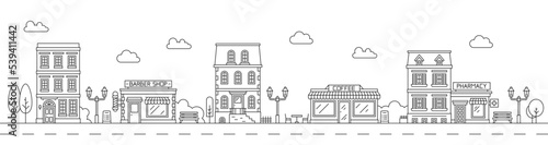 Neighborhood line art cityscape. Town city street. Downtown outline landscape or neighborhood urban architecture vector background with city shop or store, barbershop exterior, cafe facade photo