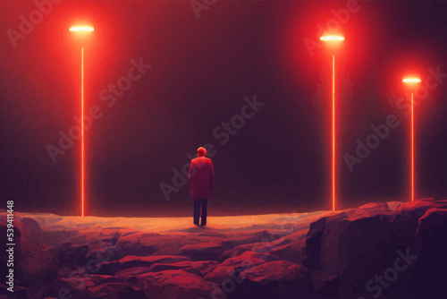 man standing at the sacred stones and looking on red lights