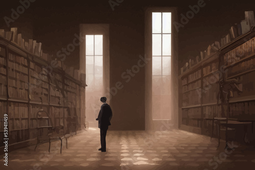 man standing in a mysterious library digital art style