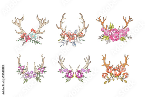 Beautiful Deer Antlers or Horns with Blooming Flowers Bouquet Vector Set