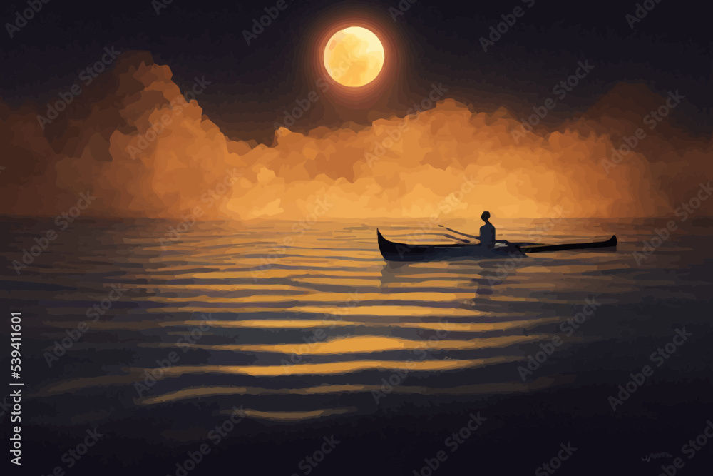 night scenery of a man rowing a boat among waves