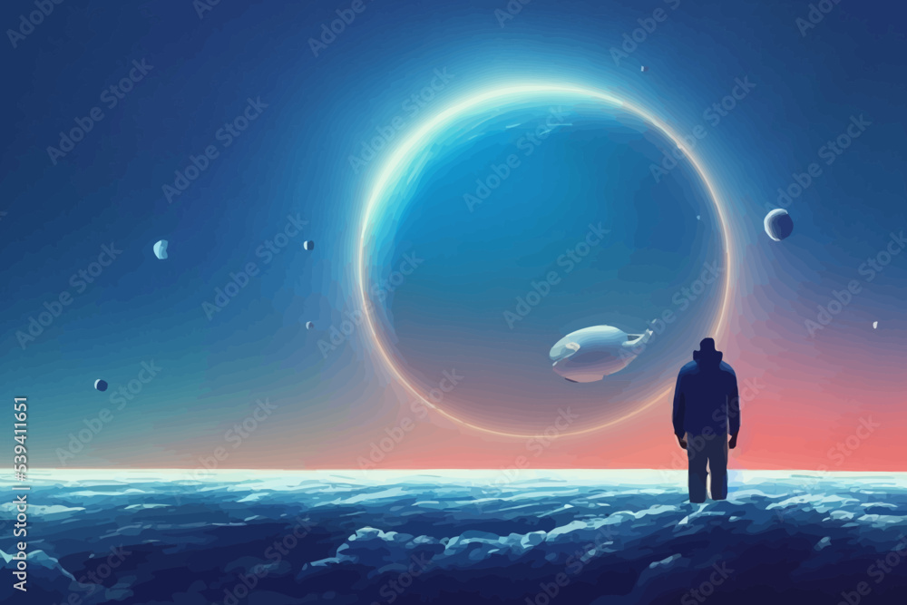 outer space journey concept showing a man looking at moon