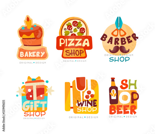 Bright Design for Bakery, Pizzeria, Barbershop, Gift, Wine and Beer Shop Vector Set