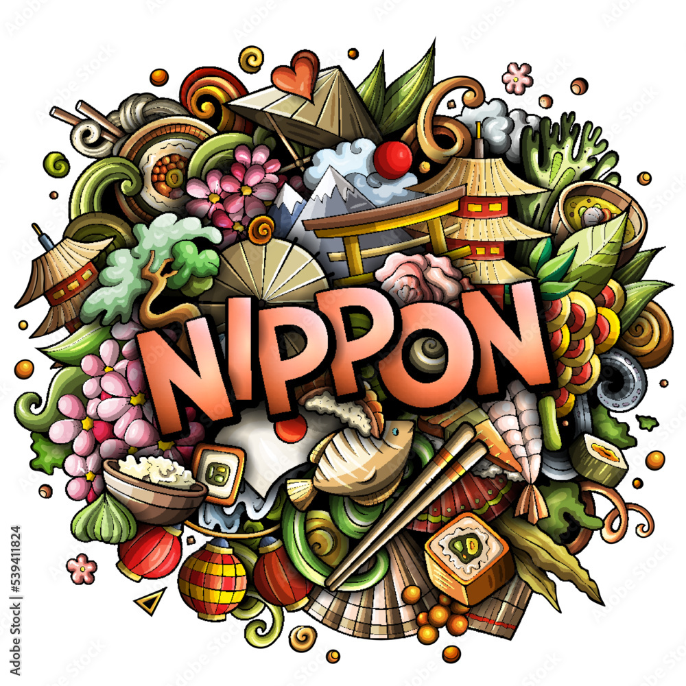 Japan Nippon hand drawn cartoon doodles illustration. Funny travel