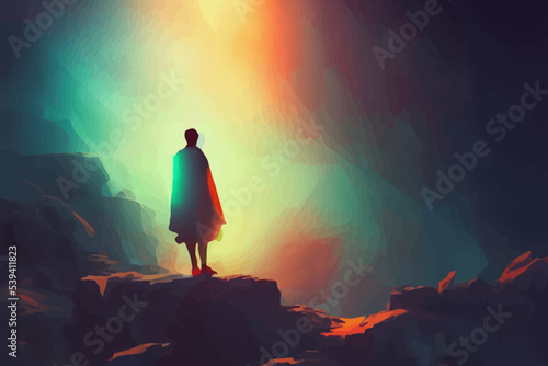 abstract superhuman with glowing arms standing on the rocks