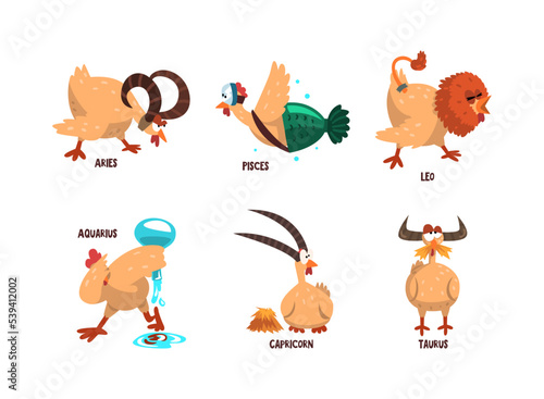Funny Turkey Character and Zodiac Signs Like Aries, Pisces, Leo, Aquarius, Capricorn and Taurus Vector Set