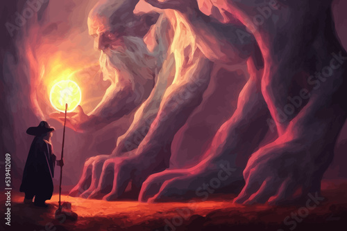 the wizard casts a spell to summon a giant monster.