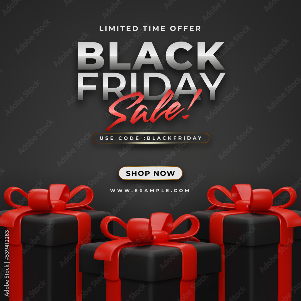 Fototapeta premium Realistic black friday sale podium banner with black gifts
