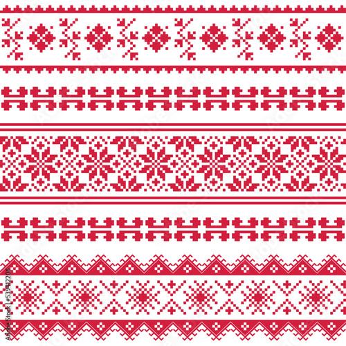 Ukrainian traditional folk art Vyshyvanka seamless cross-stitch pattern in red on white background, embroidery style decoration 
