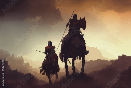 two knights with horses stand between mountains