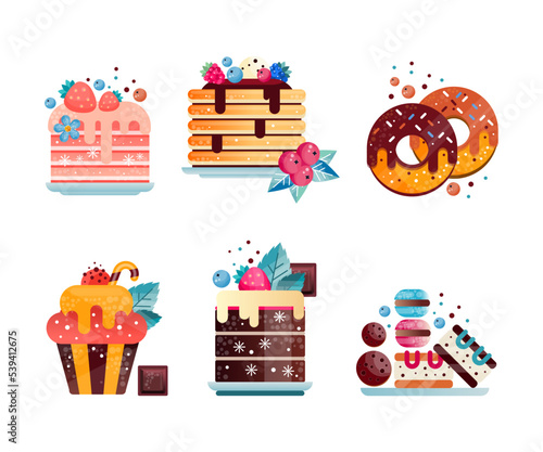 Sweet Dessert Like Cake, Cupcake and Donut with Berry Topping and Sprinkles Flat Vector Set