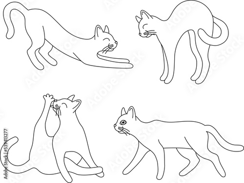 Set of outline cats. Isolated black line running, sitting, washing, playing cat on white background. Page of coloring book