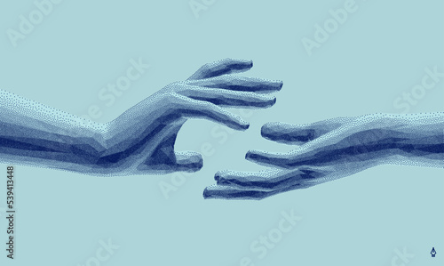Hands reaching towards each other. Concept of human relation, togetherness or  partnership. 3D vector illustration. Design for banner, flyer, poster, cover or brochure.