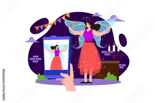 Woman taking a selfie with fairy cosplay on Halloween