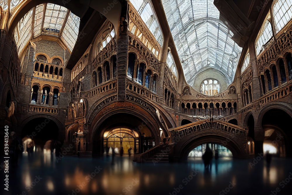 AI generated image of a large vintage museum of natural history in England 