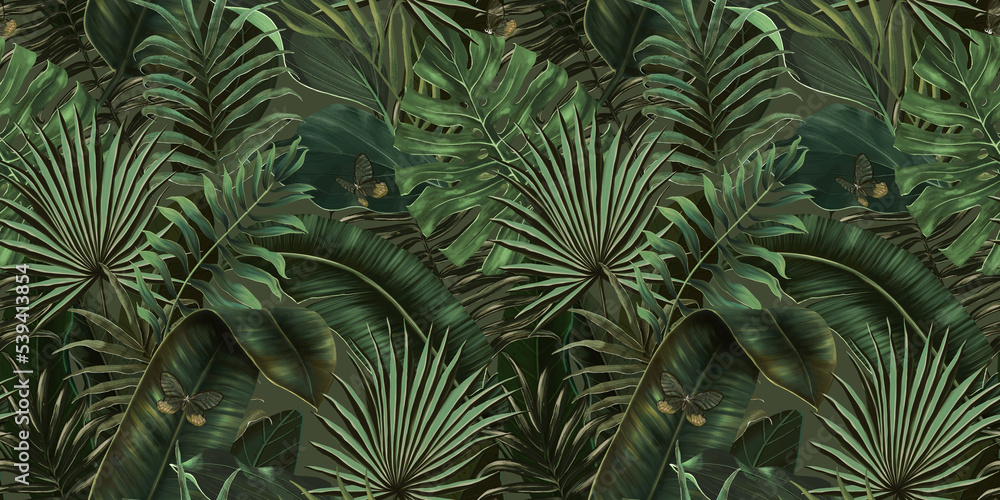 Tropical exotic seamless pattern with tropical green palm, colocasia, banana leaves. Hand drawing botanical vintage background. Suitable for making wallpaper, printing on fabric, wrapping, fabric. - obrazy, fototapety, plakaty 