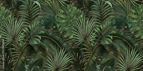 Tropical exotic seamless pattern with tropical green palm  colocasia  banana leaves. Hand drawing botanical vintage background. Suitable for making wallpaper  printing on fabric  wrapping  fabric.