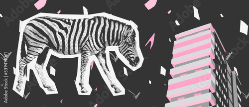 Fashion digital illustration collage art. Mixed animal, geometry and abstract creative 
objects. Stylish zine design