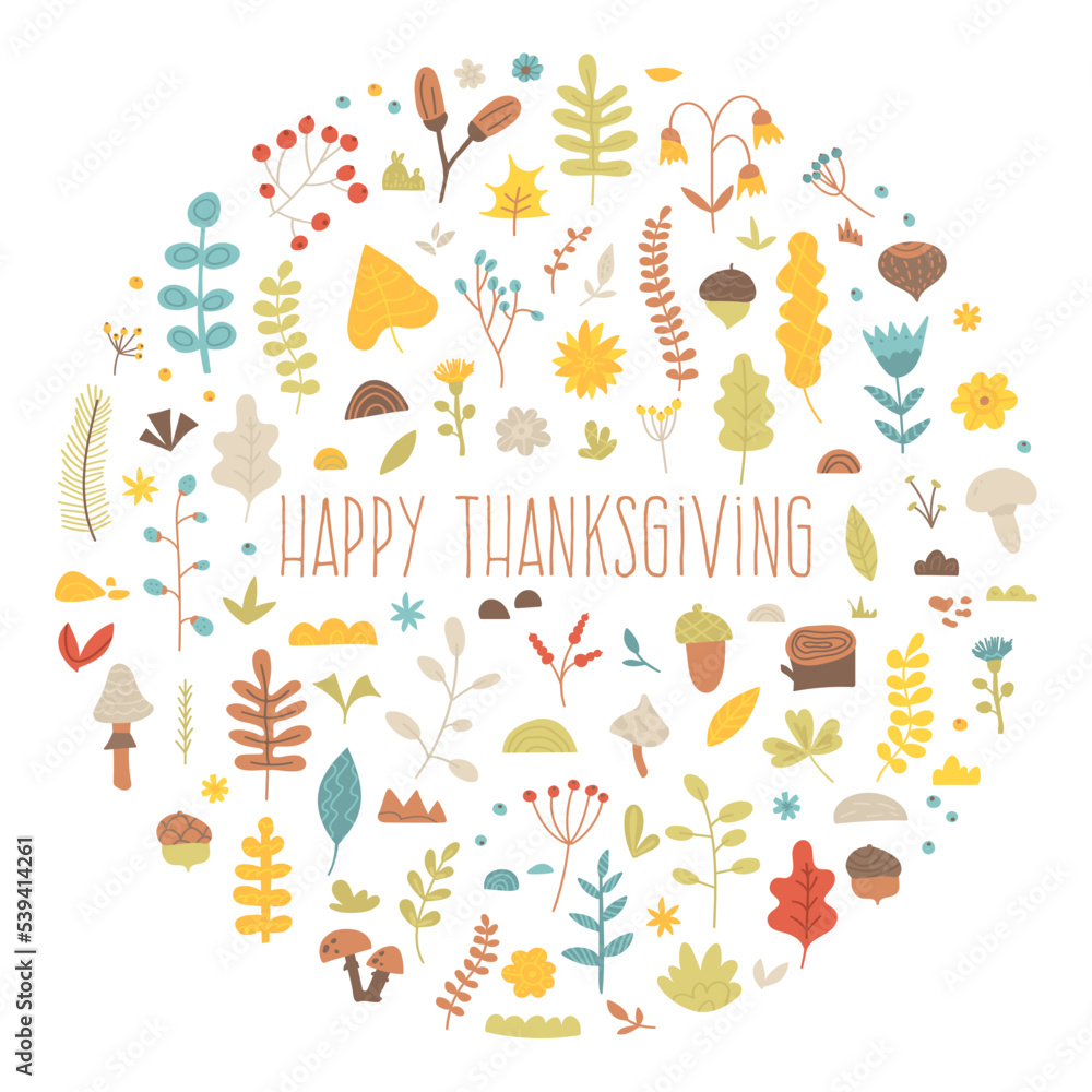 Thanksgiving day vector greeting card. Autumn abstract background, season, fall. Pattern of hand drawn branches, flowers, leaves, berries, mushrooms and acorn. Flat illustration with cute doodle plans