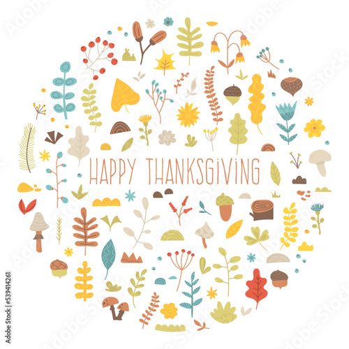 Thanksgiving day vector greeting card. Autumn abstract background  season  fall. Pattern of hand drawn branches  flowers  leaves  berries  mushrooms and acorn. Flat illustration with cute doodle plans