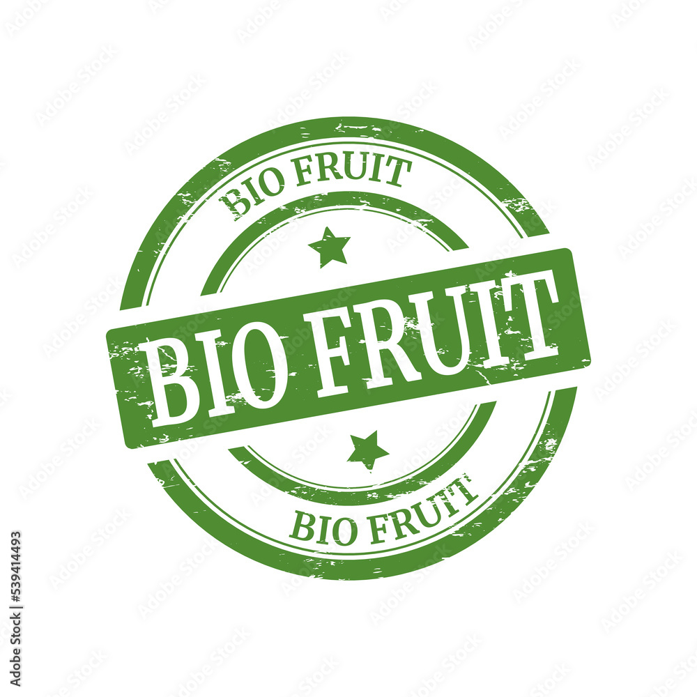 Scratched green round stamp with the inscription - bio fruit - vector