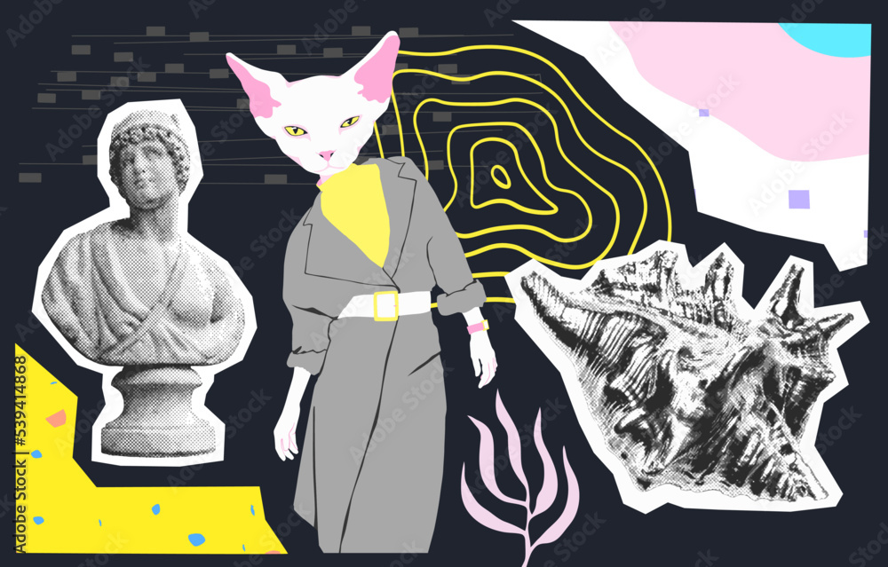 Fototapeta premium Fashion digital illustration collage art. Mixed animal, geometry and abstract creative objects. Stylish zine design