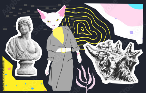 Fashion digital illustration collage art. Mixed animal, geometry and abstract creative 
objects. Stylish zine design