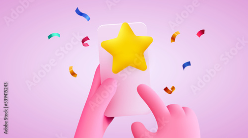 User puts an excellent rating in the mobile application. Cartoon hands with smartphone and rating star.