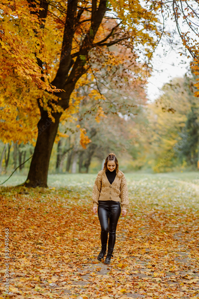Woman walking in the autumn park, a healthy lifestyle, walk, exercise Woman walking in the autumn park, a healthy lifestyle, walk, exercise