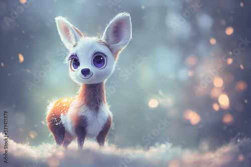 Adorable deer on a bokeh background with snow. Christmas background concept. © Fokasu Art