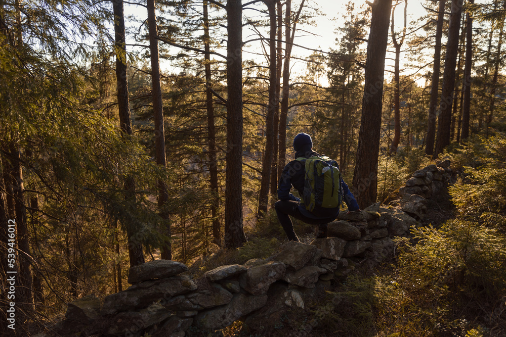 A caucasian man hiking in the forest sitting on a wall of rocks A caucasian man hiking in the forest sitting on a wall of rocks