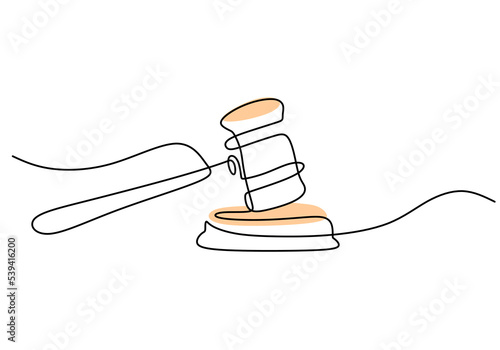 One continuous single line of judge hammer isolated on white background.