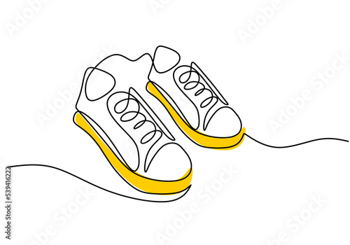 One continuous single line of cute sneakers isolated on white background.