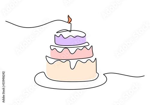 One continuous single line of birthday cake isolated on white background.