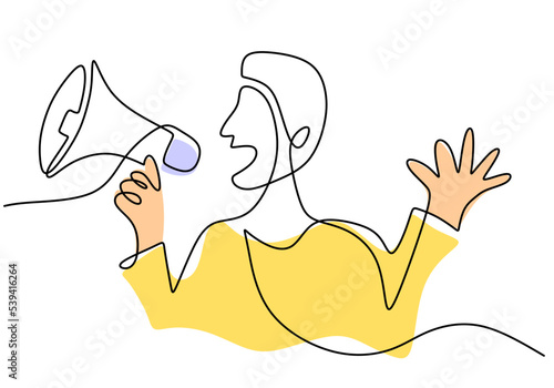 One continuous single line of man hold horn isolated on white background.