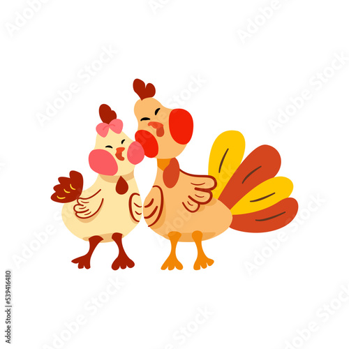 Lovely couple chicken. Cartoon vector illustrations isolated on white background. fall quote ,Cartoon suitable for, print, sublimation, shirt, postcard, printable, stationery ,kids ,etc.