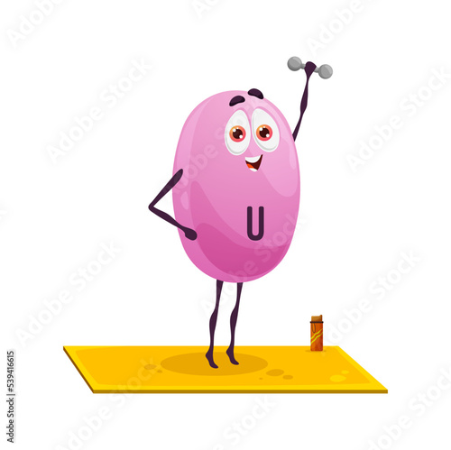 Cartoon vitamin U character on fitness. Isolated vector funny methylmethioninesulfonium capsule personage exercising with dumbbell stand on mat. Nutrient bubble sportsman workout with weight in gym