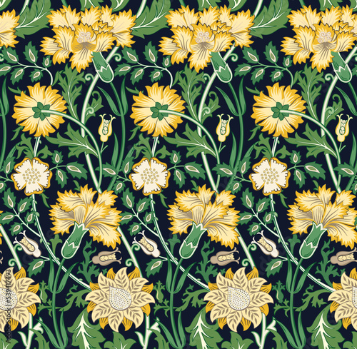 Floral seamless pattern with yellow flowers on dark green background. Vector illustration.