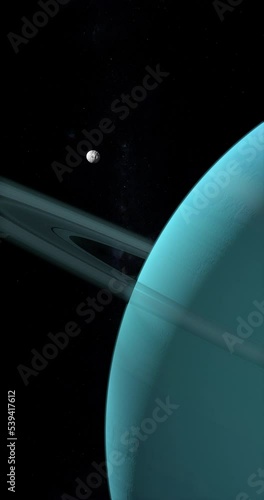 Puck orbiting around Uranus planet in the outer space. 4K Vertical photo